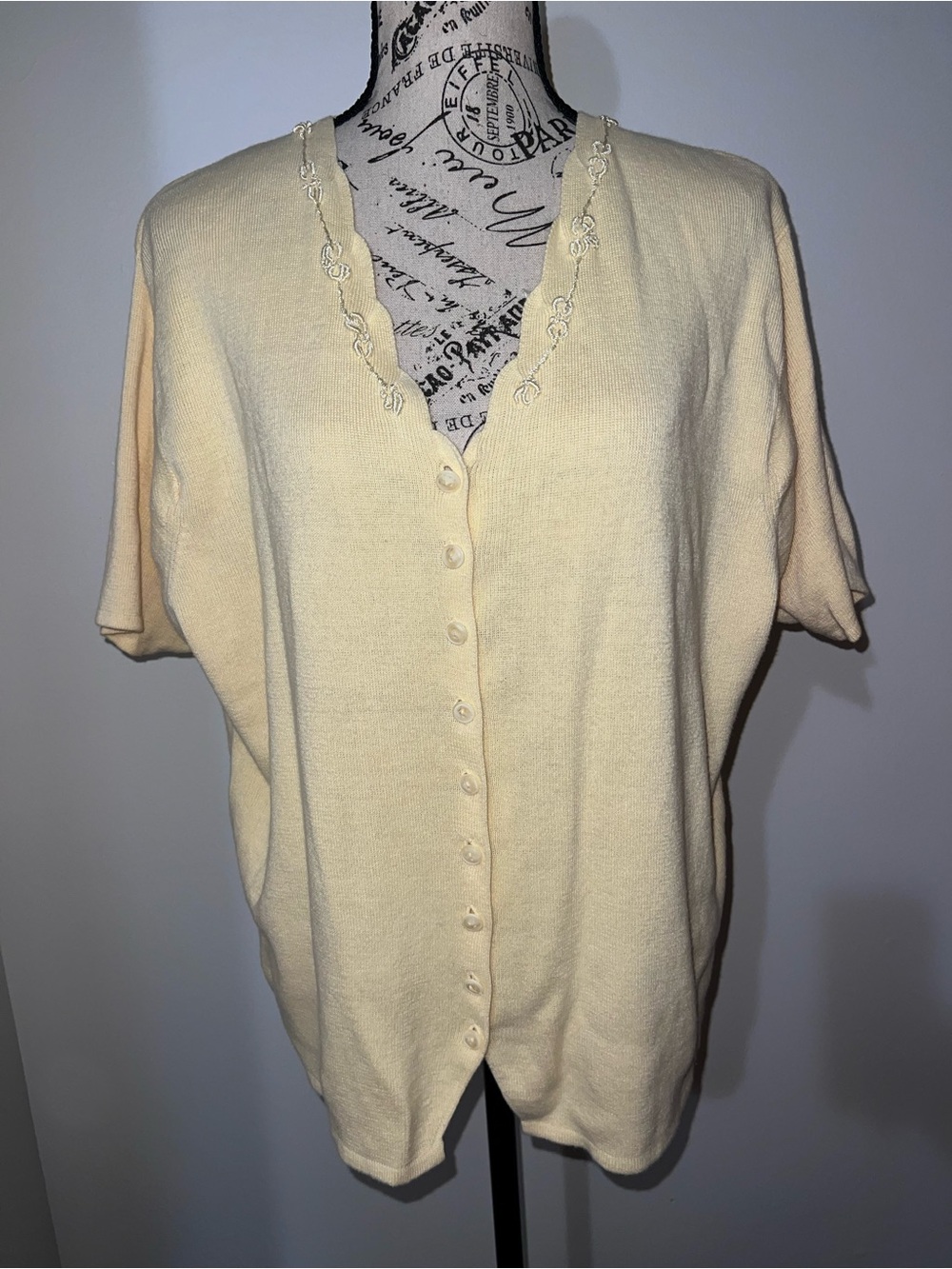 Vintage Gina Peters Pastel Yellow Knit Cardigan Sweater XL Short Sleeve Ramie